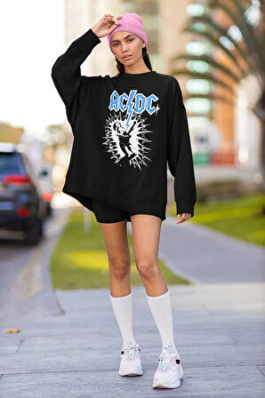 AC DC Baskılı Unisex Oversize Rock Metal Müzik Grubu Sweatshirt