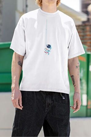 Tasarım Astronaut Baskılı Unisex Oversize Tişört