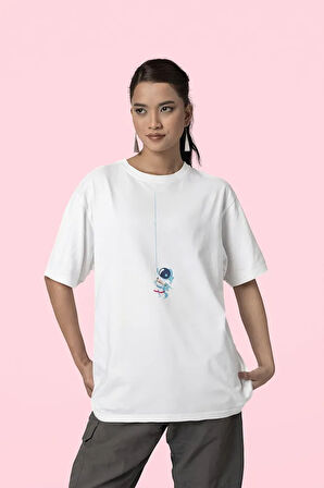 Tasarım Astronaut Baskılı Unisex Oversize Tişört
