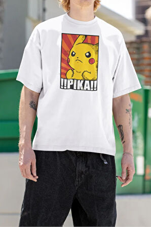 !! Pika !! Baskılı Pokemon Çizgi Film Baskılı Unisex Tişört,  Oversize Pikaçu Tişört