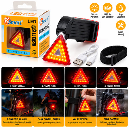 BİSİKLET FENERİ LED USB ŞARJLI 4 FONKSİYONLU - SİNYAL IŞIK K-1176 (5680)