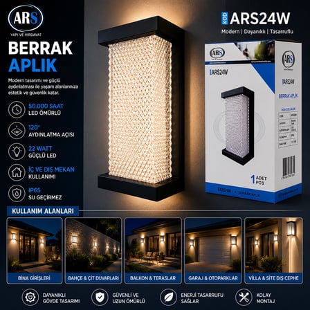 IP66 50.000 SAAT LED ÖMRÜ 22W BERRAK LED APLİK DUVAR LAMBASI ARS-348954 (5680)