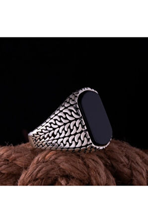 Erkek Gümüş Yüzük Hasır Örme Desenli Siyah Oniks Taşlı Erkek Gümüş Yüzük