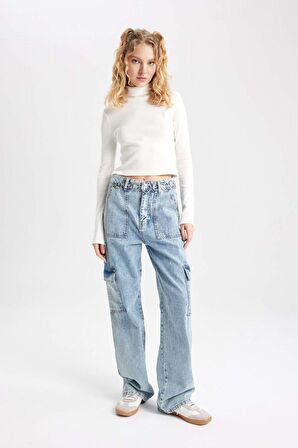 DeFacto Coool Fitted Balıkçı Yaka Fitilli Kaşkorse Basic Düz Uzun Kollu Tişört B6783AX23WNWT32