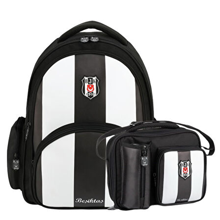 Beşiktaş 3 Bölmeli Çubuklu Suni Deri Okul Çantası + Beslenme Çantası