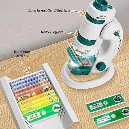 TechTic Dijital Mikroskop Seti 60-180x Büyütme El Mini Eğitici Çocuk Mikroskobu 21 Parça Eğitici Set