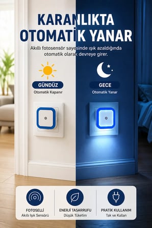 Fotoselli Gece Lambası Priz Tipi Otomatik Sensörlü Gece Aydınlatma Koridor Çocuk Odası Yatak Odası