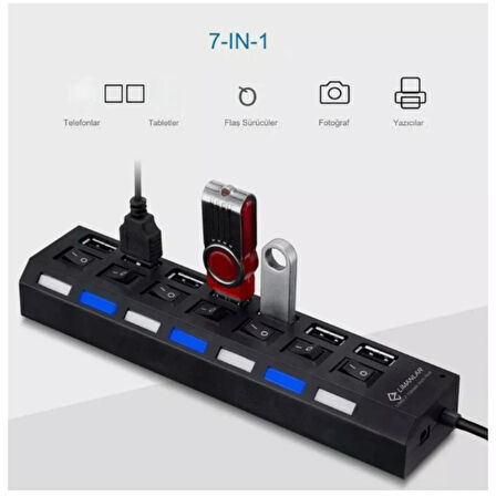 Ozmik USB 2.0 Hub Güç Şeridi 7 Portlu On/of Anahtarlı Akım Korumalı Bilgisayar Çoklayıcı