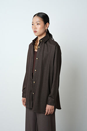 Kadın Kahverengi Düz Altın Düğme Detaylı Oversize Tesettür Gömlek