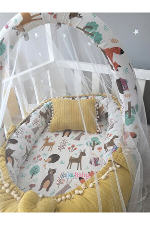 Nest Sarı Örgü Pike Kumaş Ve Orman Kumaş Ponponlu Jaju-babynest Oyuncak Aparat Ve Tül Set