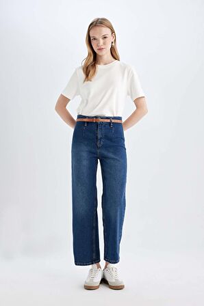 DeFacto Culotte Yüksek Bel Kısa Geniş Paça Kemerli Jean Yıkamalı Pantolon D4325AX24AUNM28