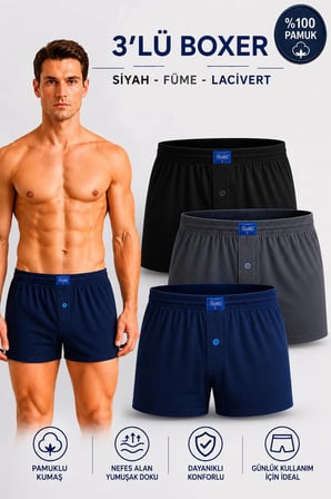 Erkek Penye Boxer 3’lü Set %100 Pamuk (Tutku Yetkili Satıcısı) Havlu Bel Düğmeli Pamuklu Rahat Kalıp Nefes Alan Kumaş – Siyah Füme Lacivert