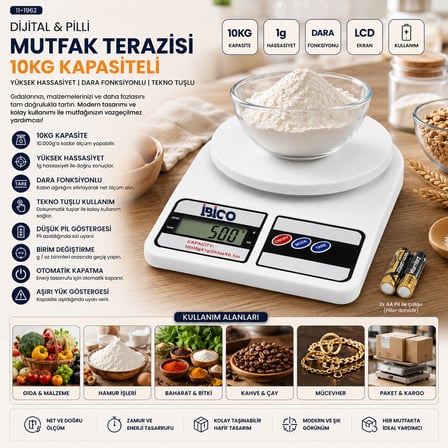 DİJİTAL - PİLLİ MUTFAK TERAZİSİ TARTI 10KG / 1GR (5690)