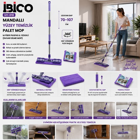 MANDALLI YÜZEY TEMİZLİK PALET MOP M.FİBER PASPAS - YEDEKLİ DUVAR SİLME MOP METAL UZAYAN SAP=70-107CM