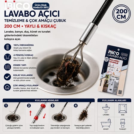 200CM YAYLI - KISKAÇ LAVABO - GİDER VB.TEMİZLEME - ÇOK AMAÇLI ÇUBUK (5690)