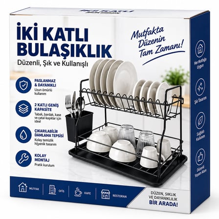 SİYAH - METAL 2 KATLI TABAKLIK - BULAŞIKLIK (5690)