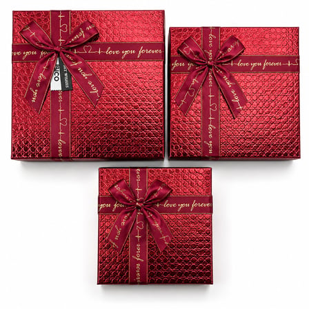 3PCS KARE PARLAK MİX RENKLİ - KABARTMA DESEN KARTON HEDİYE KUTUSU KURDELALI 19-17-15CM (5690)