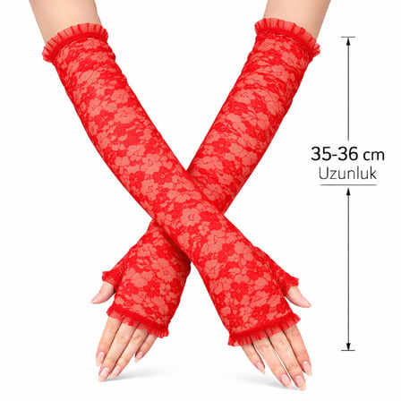 Uzun Zarif Dantel Eldiven Parmaksız Kırmızı 35 cm (5690)
