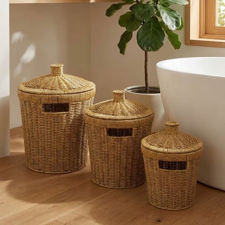 3’lü İç İçe Geçebilen Büyük Plastik Rattan Hasır Sepet Seti-Dayanıklı Çok Amaçlı Ev,Banyo ve Mutfak 