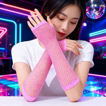 80’ler 90’lar Retro Neon Pembe File Parmaksız Eldiven 26 cm (5690)