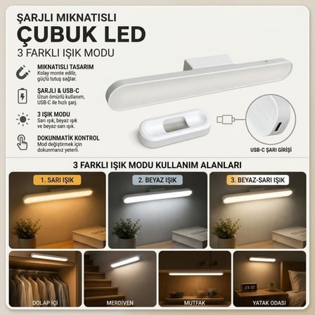 Şarjlı Manyetik LED Çubuk Lamba, Dokunmatik, 3 Modlu, Kablosuz Mutfak Dolap Altı ve Dekoratif Aydınl