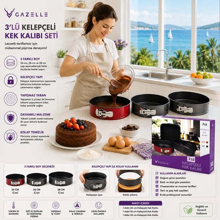 3 PARÇA  YUVARLAK - RENKLİ KELEPÇELİ METAL KEK KALIP 24-26-28CM (5690)
