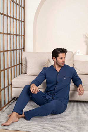 Erkek V Yaka Öden Düğmeli Göğüs Cepli %100 Pamuk Uzun Kol Cepli Pijama Takımı-Dede Hastane Pijaması