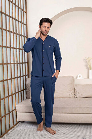 Erkek V Yaka Öden Düğmeli Göğüs Cepli %100 Pamuk Uzun Kol Cepli Pijama Takımı-Dede Hastane Pijaması