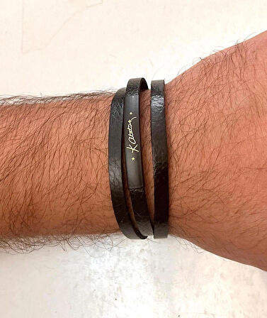 Kemal Atatürk Yazılı %100 Deri 3lü Erkek Bileklik Set 21 cm (Türk El Üretimi)