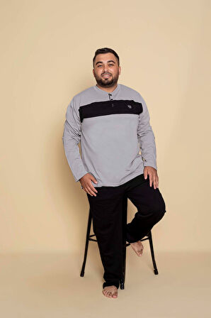 Erkek Büyük Battal Beden Desenli 3 Düğmeli %100 Pamuk Mevsimlik Uzun Kollu Cepli Pijama Takımı