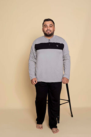 Erkek Büyük Battal Beden Desenli 3 Düğmeli %100 Pamuk Mevsimlik Uzun Kollu Cepli Pijama Takımı