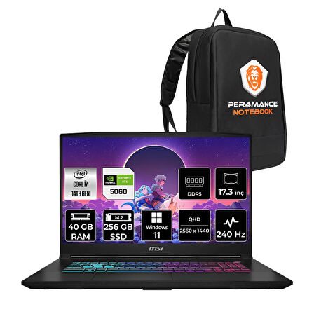 MSI Katana 17 HX i7-14650HX 40GB 256GB SSD RTX5060/8GB 17.3'' 2K QHD 240Hz W11H Gaming Laptop B14WFK