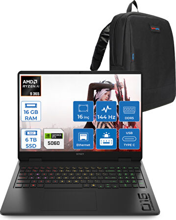Hp Omen 16-AP0020NT Amd Ryzen Aı 9 365 16GB Ddr5 6tb SSD RTX5060 8gb Gddr7 16 Inç Wuxga (1920 x 1200) 144Hz 300NITS IPS Freedos Taşınabilir Bilgisayar C12CPEAF05 + Zetta Çanta