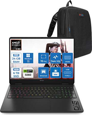 Hp Omen 16-AP0020NT Amd Ryzen Aı 9 365 24GB Ddr5 6tb SSD RTX5060 8gb Gddr7 16 Inç Wuxga (1920 x 1200) 144Hz 300NITS IPS Windows 11 Home Taşınabilir Bilgisayar C12CPEAH11 + Zetta Çanta