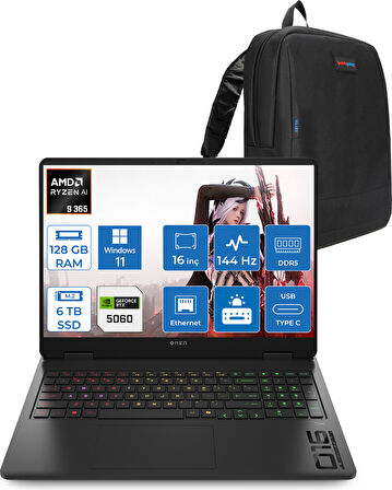 Hp Omen 16-AP0020NT Amd Ryzen Aı 9 365 128GB Ddr5 6tb SSD RTX5060 8gb Gddr7 16 Inç Wuxga (1920 x 1200) 144Hz 300NITS IPS Windows 11 Home Taşınabilir Bilgisayar C12CPEAH53 + Zetta Çanta