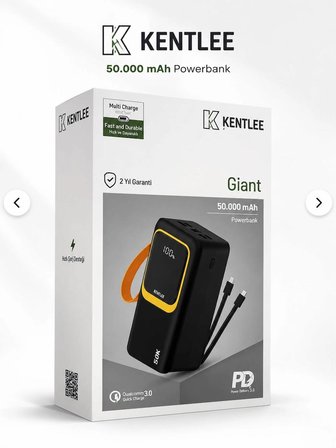 50.000 mAh 22.5W PD Hızlı Şarj Kablolu Powerbank Dijital Göstergeli Fenerli Taşınabilir Kamp Cihazı