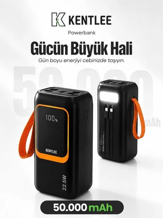 50.000 mAh 22.5W PD Hızlı Şarj Kablolu Powerbank Dijital Göstergeli Fenerli Taşınabilir Kamp Cihazı