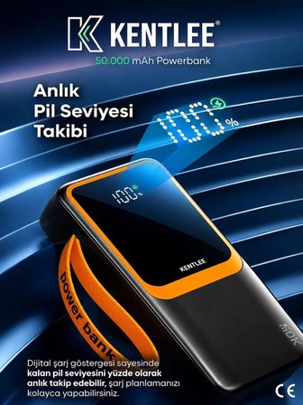 50.000 mAh 22.5W PD Hızlı Şarj Kablolu Powerbank Dijital Göstergeli Fenerli Taşınabilir Kamp Cihazı