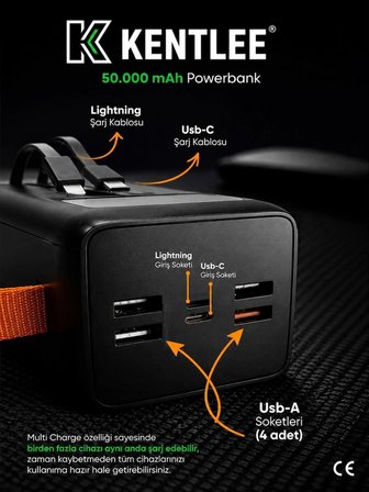 50.000 mAh 22.5W PD Hızlı Şarj Kablolu Powerbank Dijital Göstergeli Fenerli Taşınabilir Kamp Cihazı