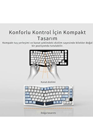 AKS075 Ergonomik Gift Switch-Mekanik Klavye-BT5.1/2.4GWireless/USB-Hot Swap Dinamik RGB - Mavi