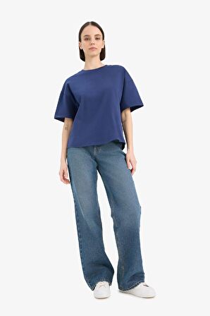 Coool Loose Fit Bisiklet Yaka Basic Düz Kalın Kumaş Kısa Kollu Tişört