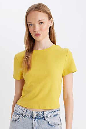 DeFacto Coool Fitted Bisiklet Yaka Ribana Basic Düz Kısa Kollu Tişört T9631AZ24AUYL203