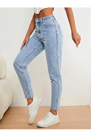 Astrid Kadın Buz Mavi Kar Yıkama Jeans Boyfriend Mom Jean Yüksek Bel Denim Kot Pantolon