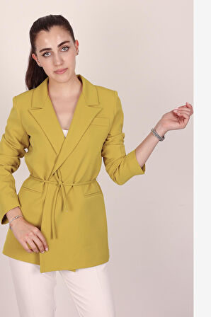 Kadın Yağ Yeşili Bel Bağlamalı Blazer Ceket