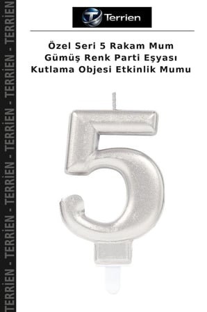 Özel Seri 5 Rakam Mum Gümüş Renk Parti Eşyası Kutlama Objesi Etkinlik Mumu