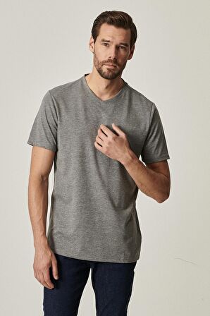 Erkek Gri Slim Fit Dar Kesim V Yaka 2'li Tişört Paketi