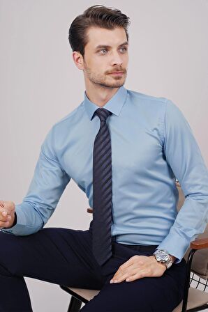 Gömlek Kravat Seti ( Lacivert Çizgi Desenli Kravat & Şeker Mavisi Saten Slimfit Gömlek)