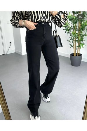 Ella Kadın Siyah Yüksek Bel Bol Paça Fit Straight Jeans Denim Kot Pantolon
