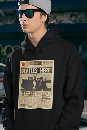 Beatles Here ! Gazete Temalı Unisex Oversize The Beatles Müzik Grubu Hoodie