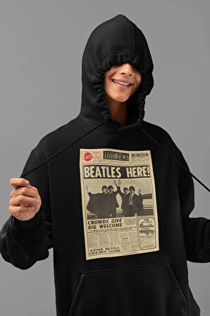 Beatles Here ! Gazete Temalı Unisex Oversize The Beatles Müzik Grubu Hoodie